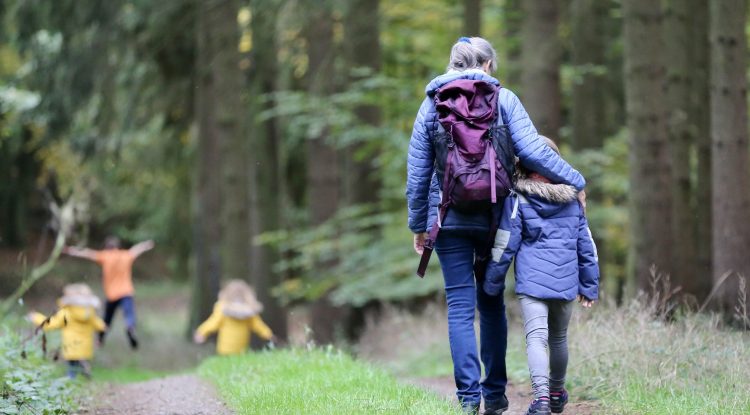 mother and children walking in forest