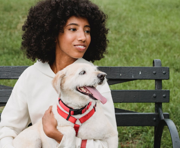 Lady hugging dog outdoors