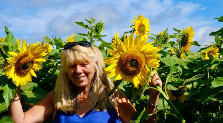 A lady in a sunflower field on a sunny day